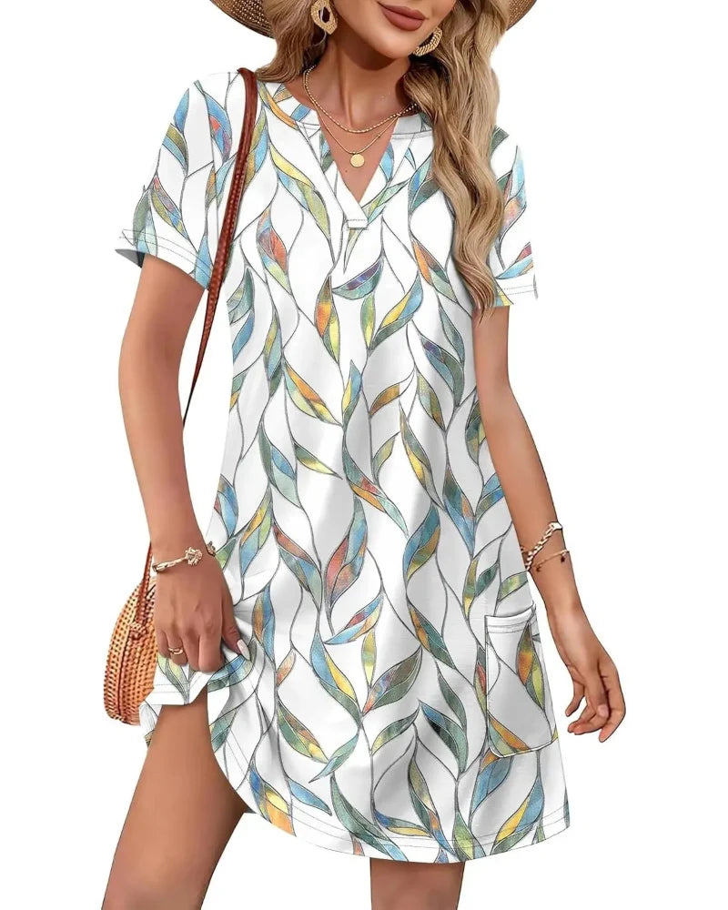 Summer 2026 Women’s V-Neck Casual Short Sleeve Dress Beach Wedding Vacation Wear