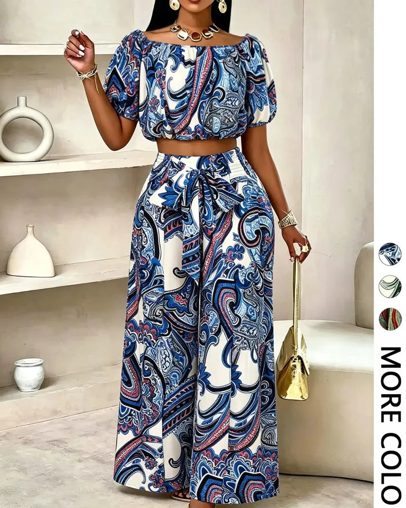 Women’s Paisley Summer Two-Piece Set, Off-Shoulder Top & Wide-Leg Pants