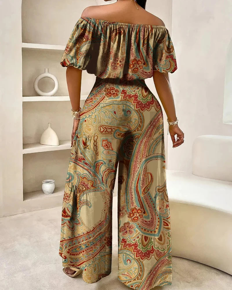 Women’s Paisley Summer Two-Piece Set, Off-Shoulder Top & Wide-Leg Pants