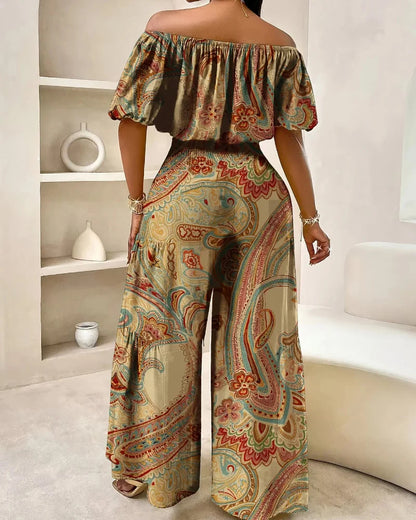 Women’s Paisley Summer Two-Piece Set, Off-Shoulder Top & Wide-Leg Pants