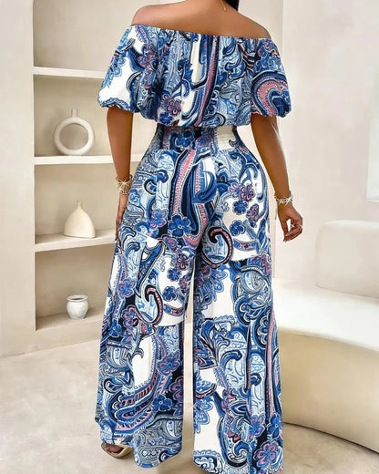 Women’s Paisley Summer Two-Piece Set, Off-Shoulder Top & Wide-Leg Pants