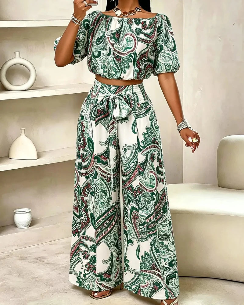 Women’s Paisley Summer Two-Piece Set, Off-Shoulder Top & Wide-Leg Pants