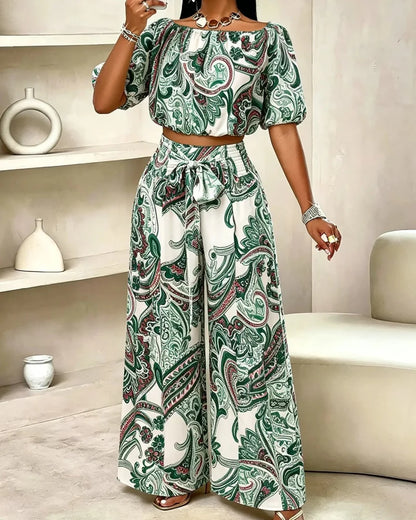 Women’s Paisley Summer Two-Piece Set, Off-Shoulder Top & Wide-Leg Pants