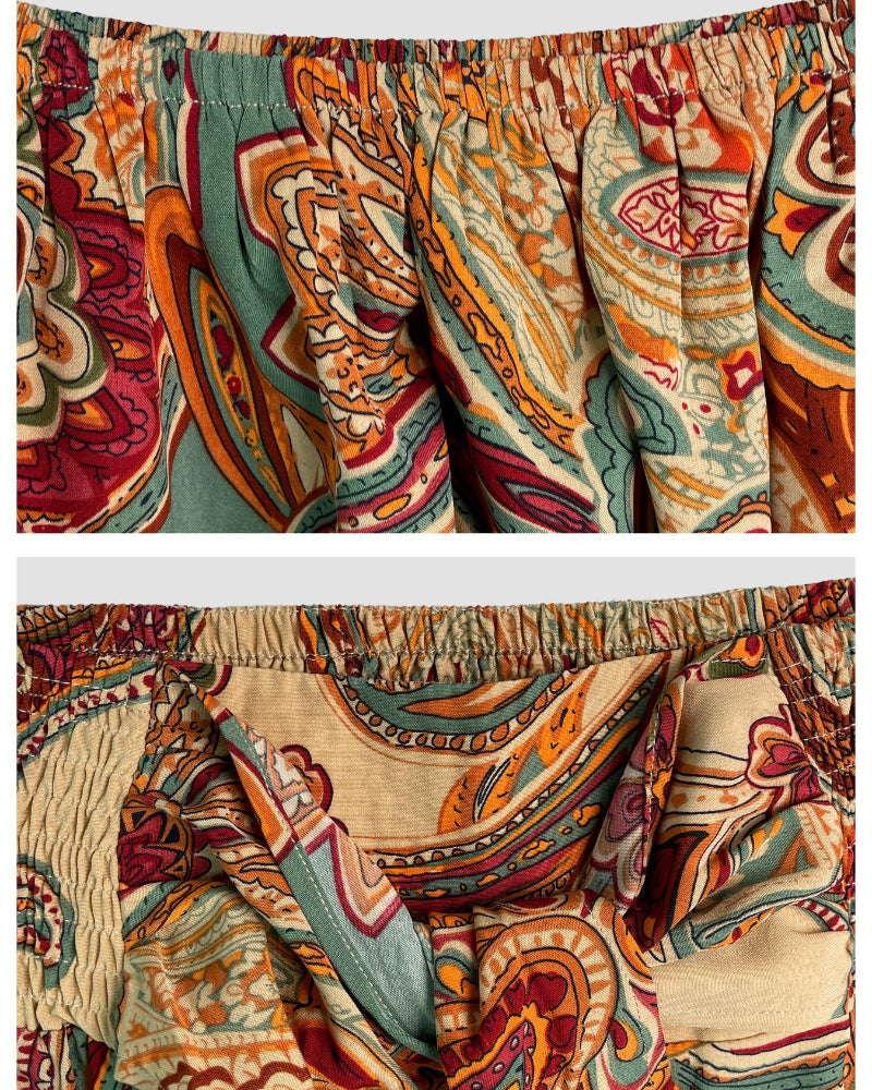 Women’s Paisley Summer Two-Piece Set, Off-Shoulder Top & Wide-Leg Pants