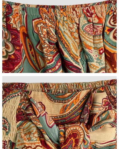 Women’s Paisley Summer Two-Piece Set, Off-Shoulder Top & Wide-Leg Pants