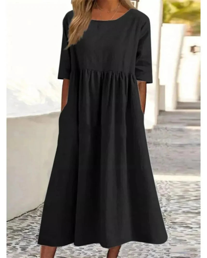Summer Casual Short Sleeve Pocket Loose Round Neck Dress for Women