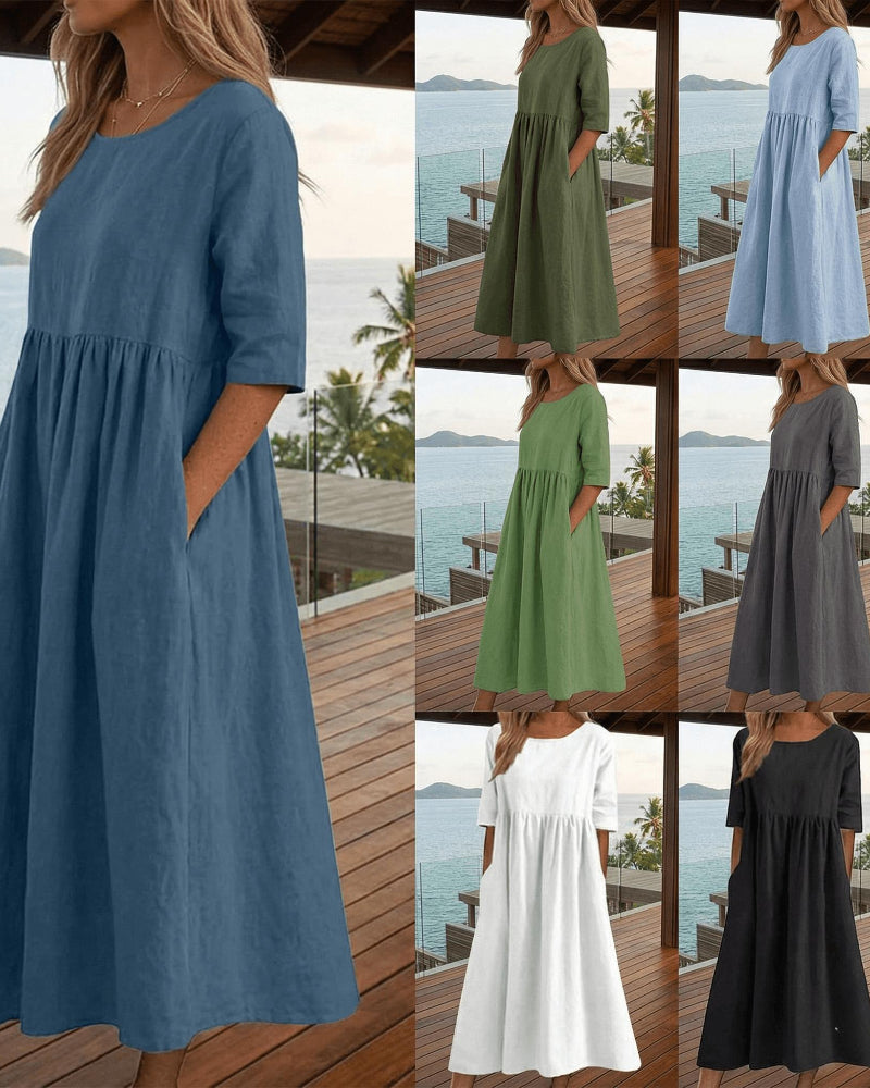 Summer Casual Short Sleeve Pocket Loose Round Neck Dress for Women