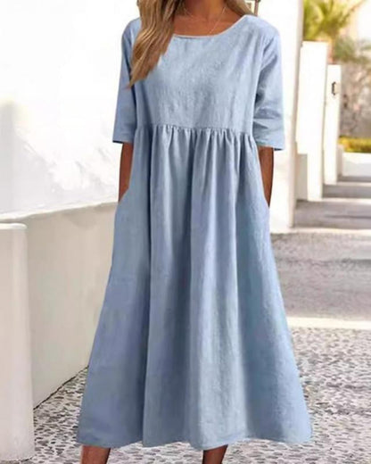 Summer Casual Short Sleeve Pocket Loose Round Neck Dress for Women