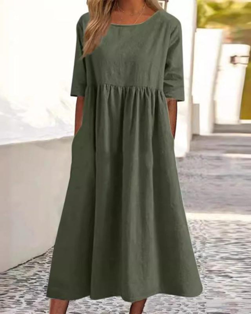 Summer Casual Short Sleeve Pocket Loose Round Neck Dress for Women