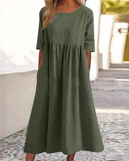 Summer Casual Short Sleeve Pocket Loose Round Neck Dress for Women
