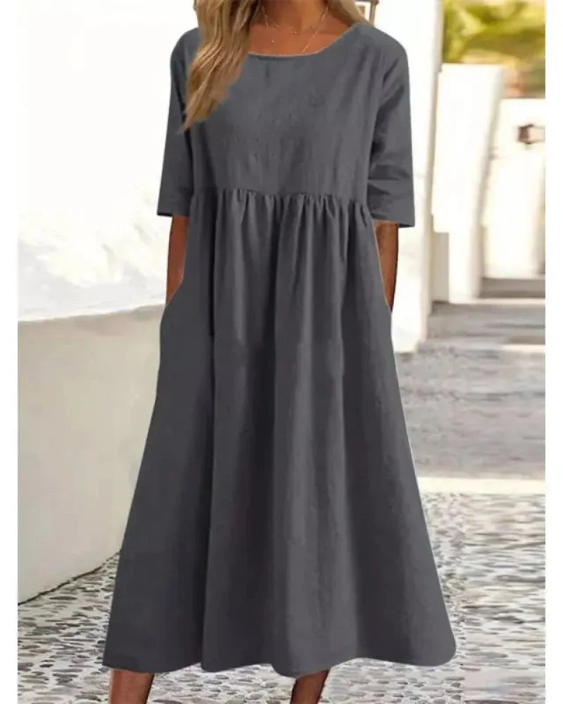 Summer Casual Short Sleeve Pocket Loose Round Neck Dress for Women
