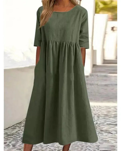 Summer Casual Short Sleeve Pocket Loose Round Neck Dress for Women