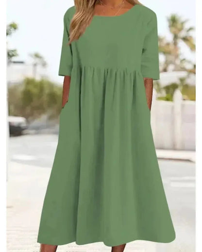 Summer Casual Short Sleeve Pocket Loose Round Neck Dress for Women