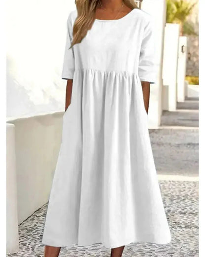 Summer Casual Short Sleeve Pocket Loose Round Neck Dress for Women
