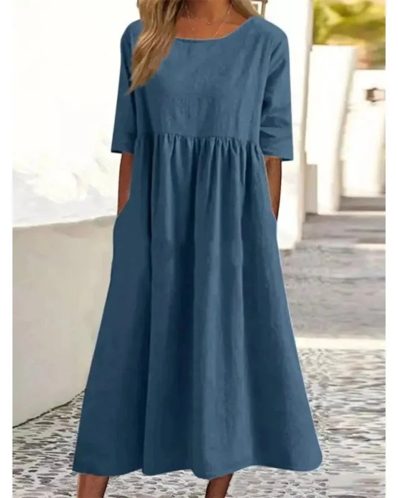Summer Casual Short Sleeve Pocket Loose Round Neck Dress for Women