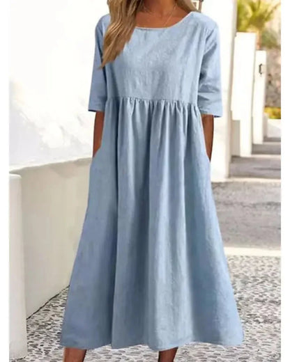 Summer Casual Short Sleeve Pocket Loose Round Neck Dress for Women