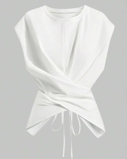 Women's Knit Round Neck Drop Shoulder Cross Back Top