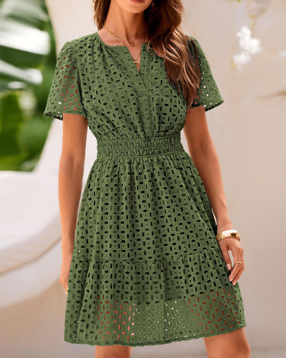 Women V Neck Lace A Line Summer Dress