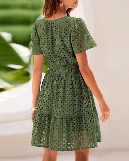 Women V Neck Lace A Line Summer Dress