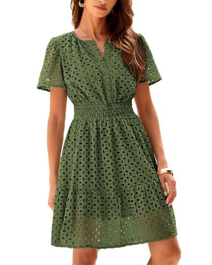 Women V Neck Lace A Line Summer Dress