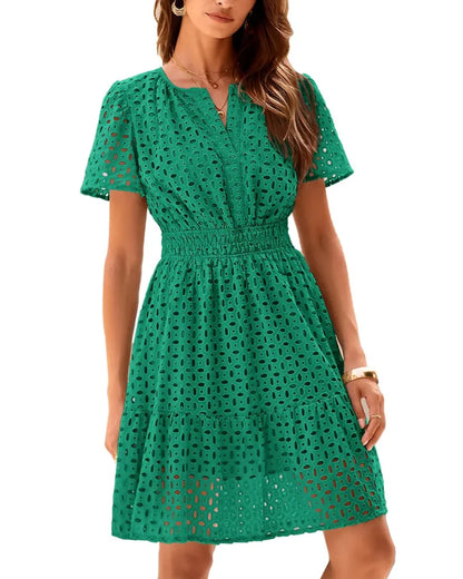 Women V Neck Lace A Line Summer Dress