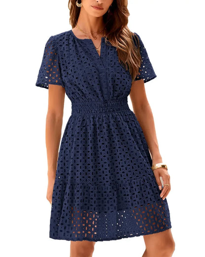 Women V Neck Lace A Line Summer Dress