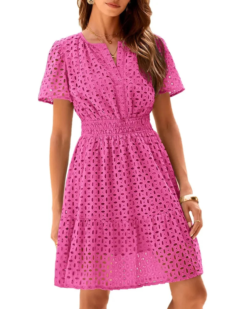 Women V Neck Lace A Line Summer Dress