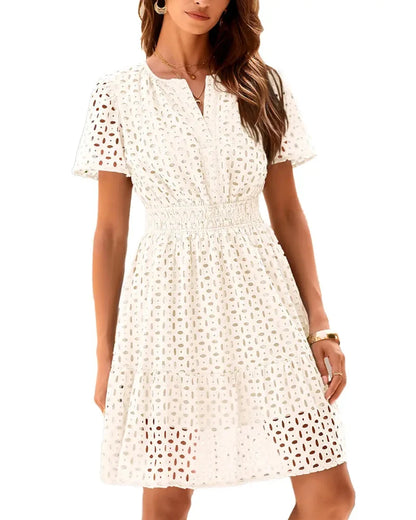 Women V Neck Lace A Line Summer Dress