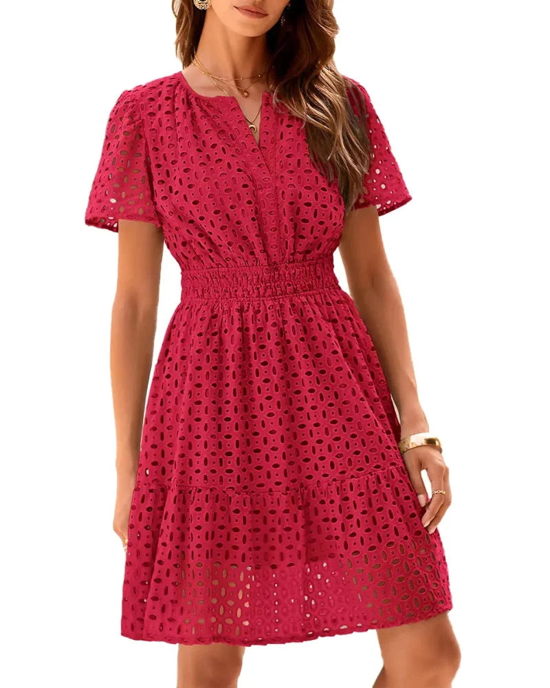 Women V Neck Lace A Line Summer Dress