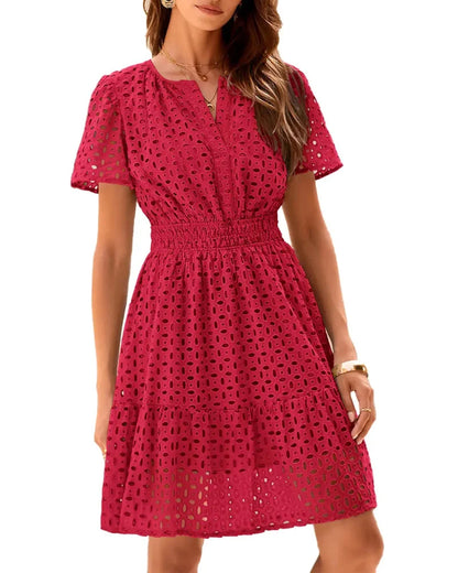 Women V Neck Lace A Line Summer Dress