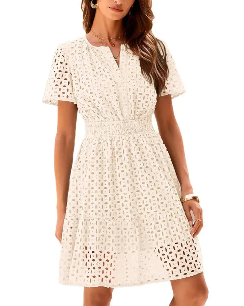 Women V Neck Lace A Line Summer Dress