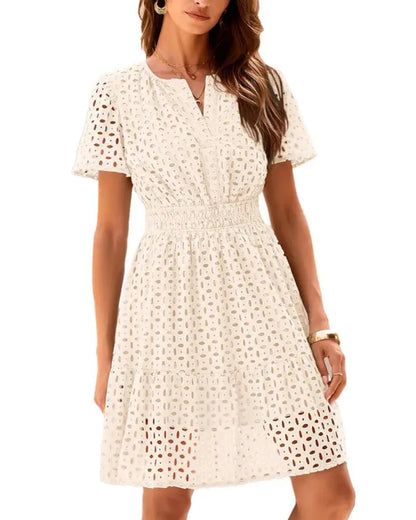 Women V Neck Lace A Line Summer Dress