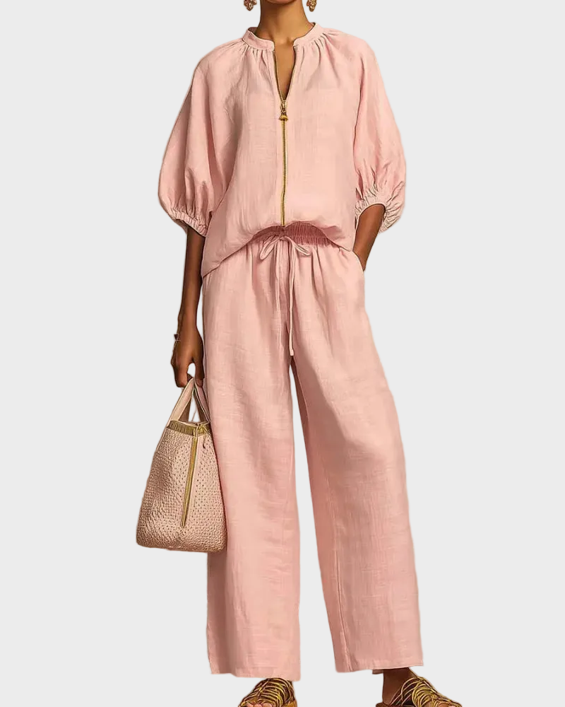 Women’s Lounge Set, Zip Top & Wide Leg Pants 2-Piece Casual Outfit