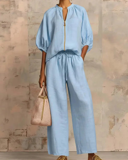 Women’s Lounge Set, Zip Top & Wide Leg Pants 2-Piece Casual Outfit