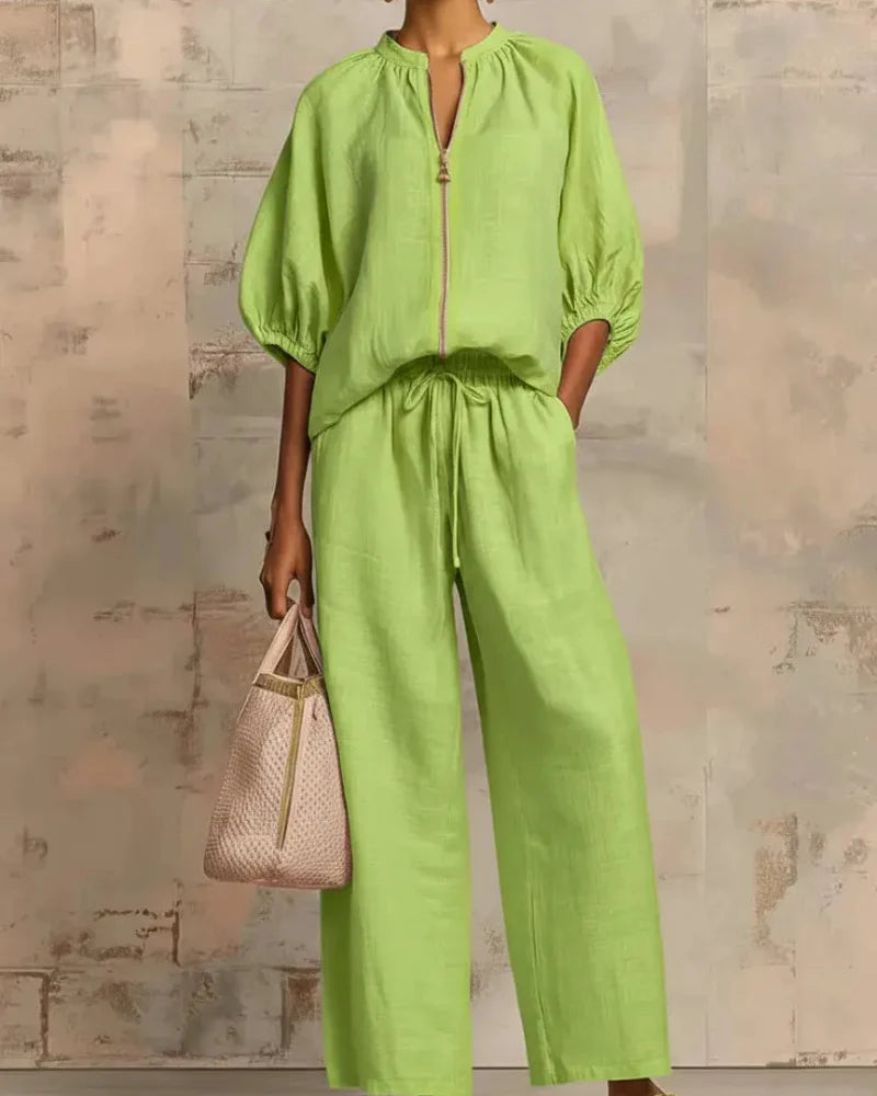 Women’s Lounge Set, Zip Top & Wide Leg Pants 2-Piece Casual Outfit