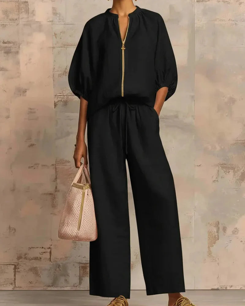 Women’s Lounge Set, Zip Top & Wide Leg Pants 2-Piece Casual Outfit