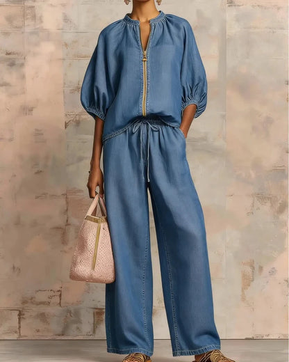 Women’s Lounge Set, Zip Top & Wide Leg Pants 2-Piece Casual Outfit