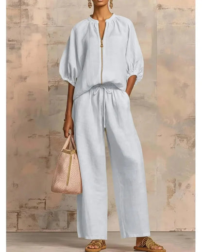 Women’s Lounge Set, Zip Top & Wide Leg Pants 2-Piece Casual Outfit