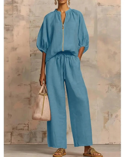 Women’s Lounge Set, Zip Top & Wide Leg Pants 2-Piece Casual Outfit