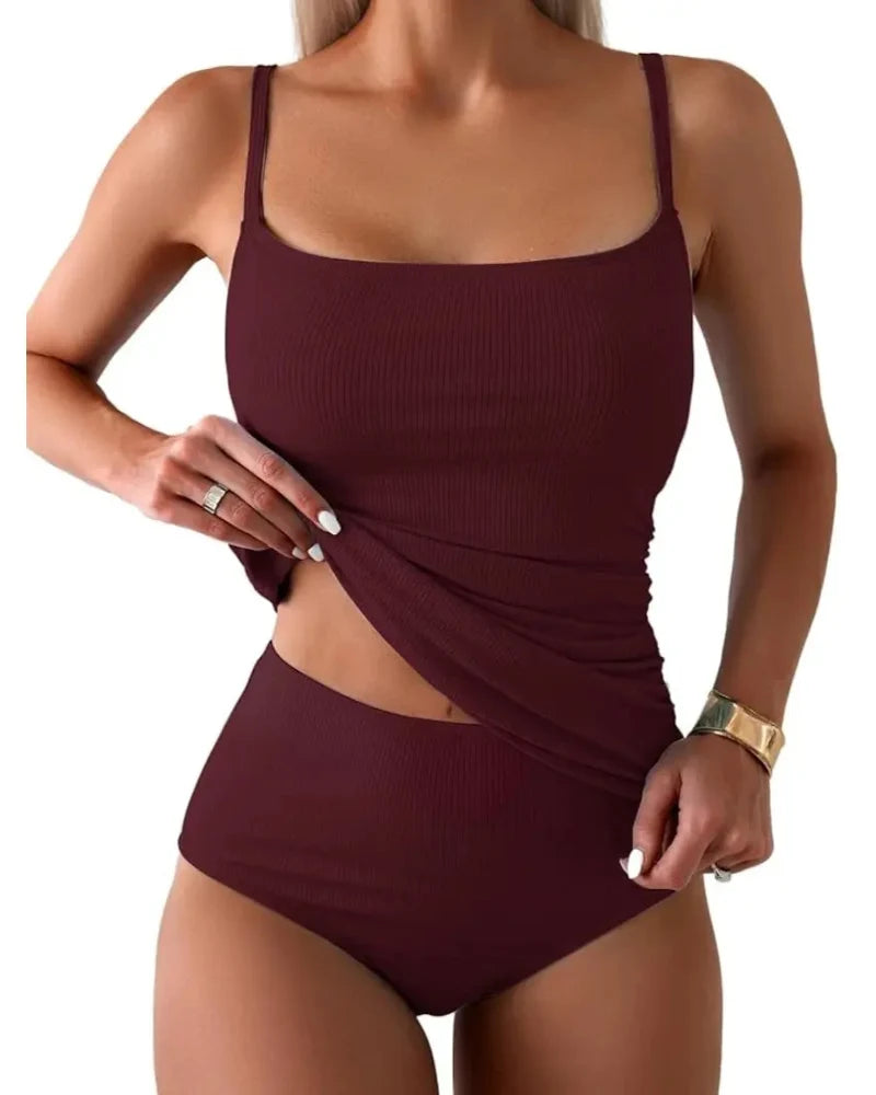 Women’s Tankini 2-Piece, Tummy Control Swimwear, High-Waisted Bottom