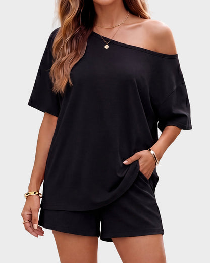 Women’s Two Piece Lounge Set Off Shoulder Top and Shorts