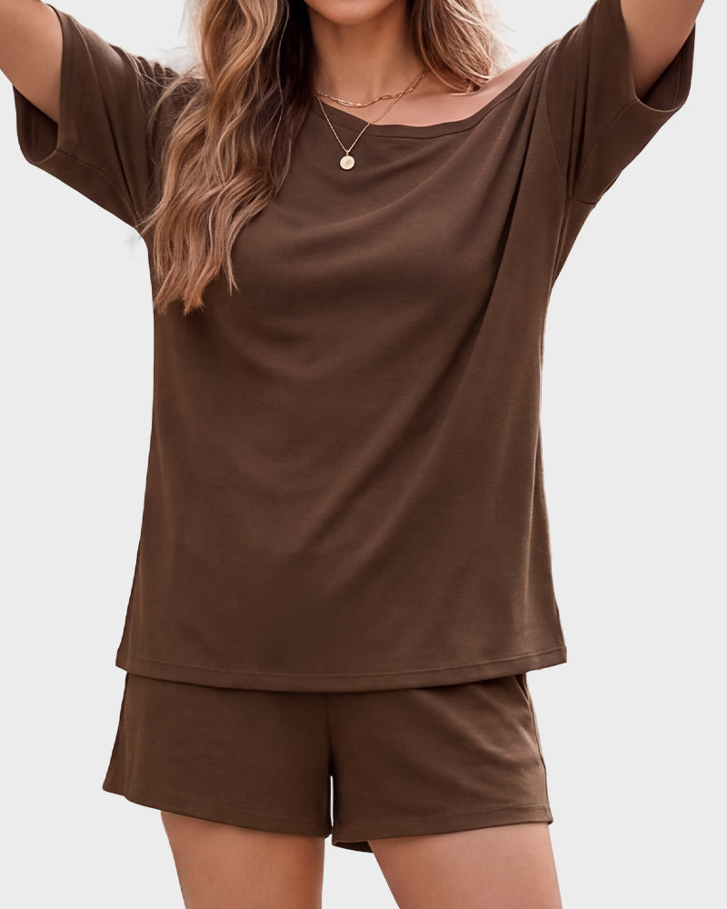 Women’s Two Piece Lounge Set Off Shoulder Top and Shorts