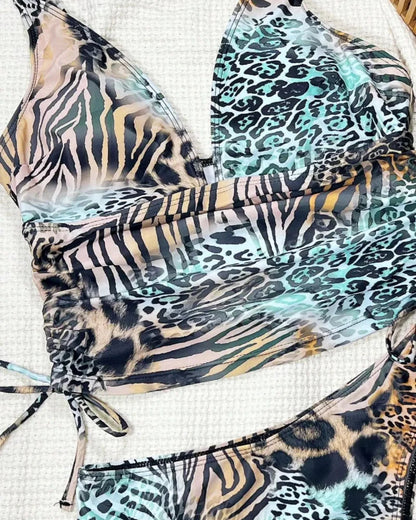 Women’s Leopard Print 2-Piece Swim Set, Backless Tankini & High Cut Shorts