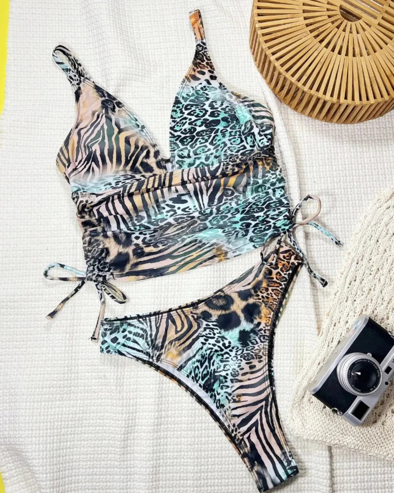 Women’s Leopard Print 2-Piece Swim Set, Backless Tankini & High Cut Shorts