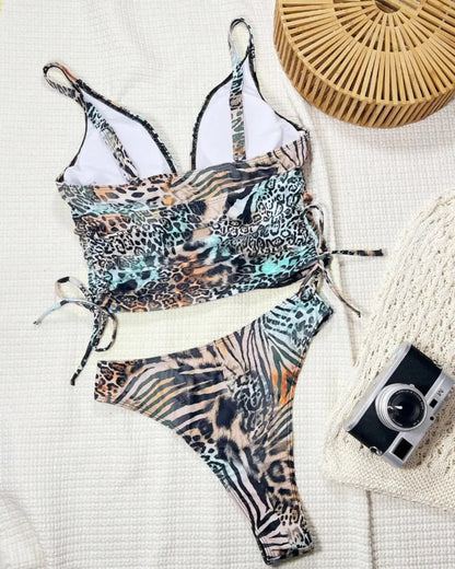 Women’s Leopard Print 2-Piece Swim Set, Backless Tankini & High Cut Shorts