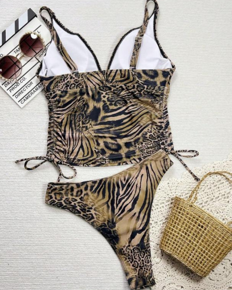 Women’s Leopard Print 2-Piece Swim Set, Backless Tankini & High Cut Shorts