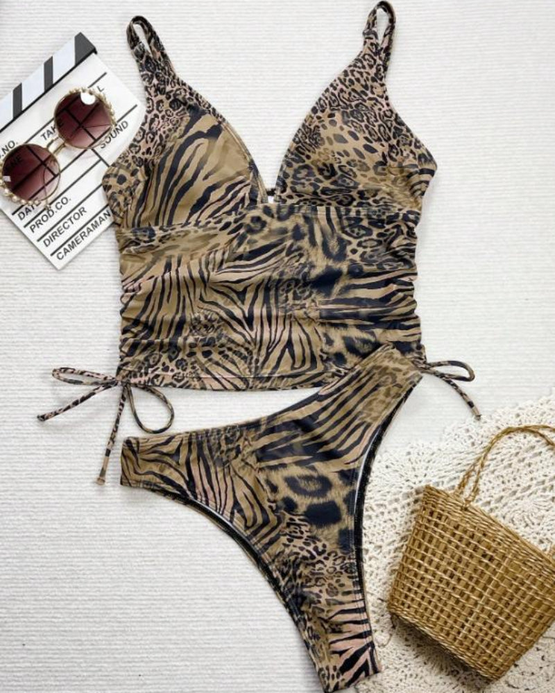 Women’s Leopard Print 2-Piece Swim Set, Backless Tankini & High Cut Shorts