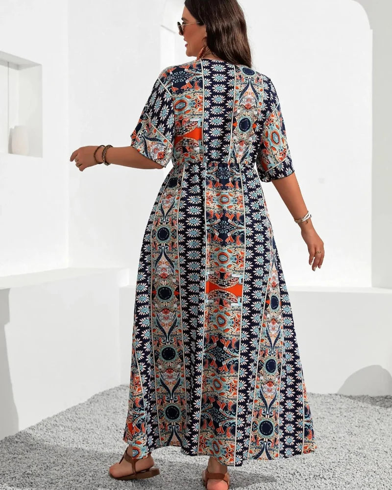 Plus Size Boho V-Neck Floral A-Line Dress