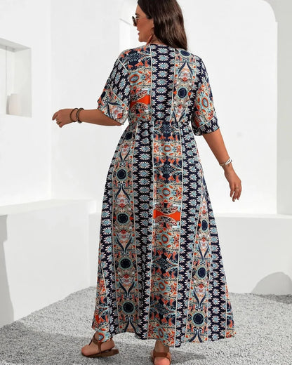 Plus Size Boho V-Neck Floral A-Line Dress