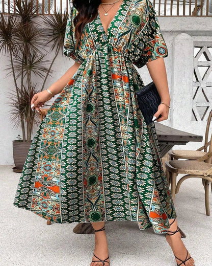 Plus Size Boho V-Neck Floral A-Line Dress